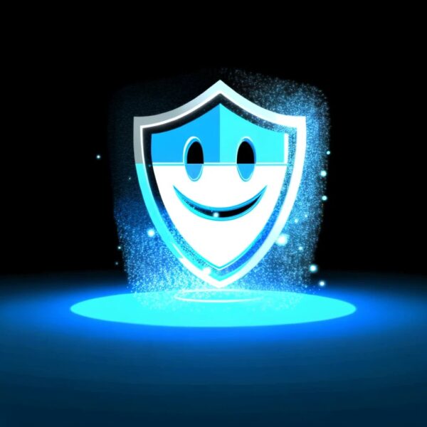 A blue shield with a happy face on it